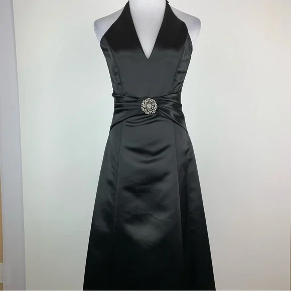 Vintage Jessica McClintock for Gunne Sax Black Satin Halter Evening Dress 3/4 - Picture 2 of 14